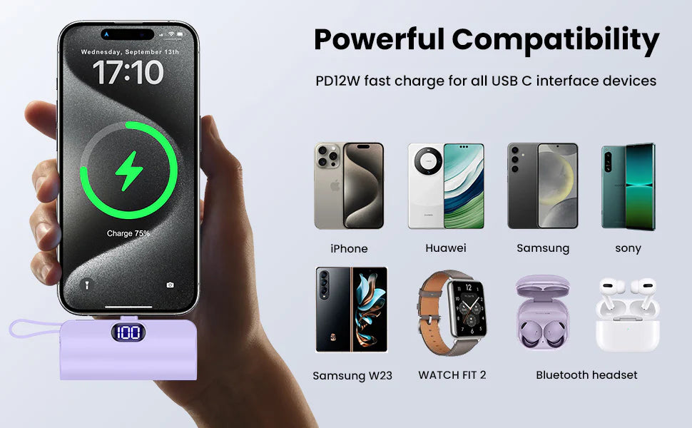 Mini Power Bank 2-en-1 – Ultra-Rapide et Durable (5000mAh), compatible iPhone & Android type C