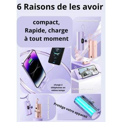 Mini Power Bank 2-en-1 – Ultra-Rapide et Durable (5000mAh), compatible iPhone & Android type C