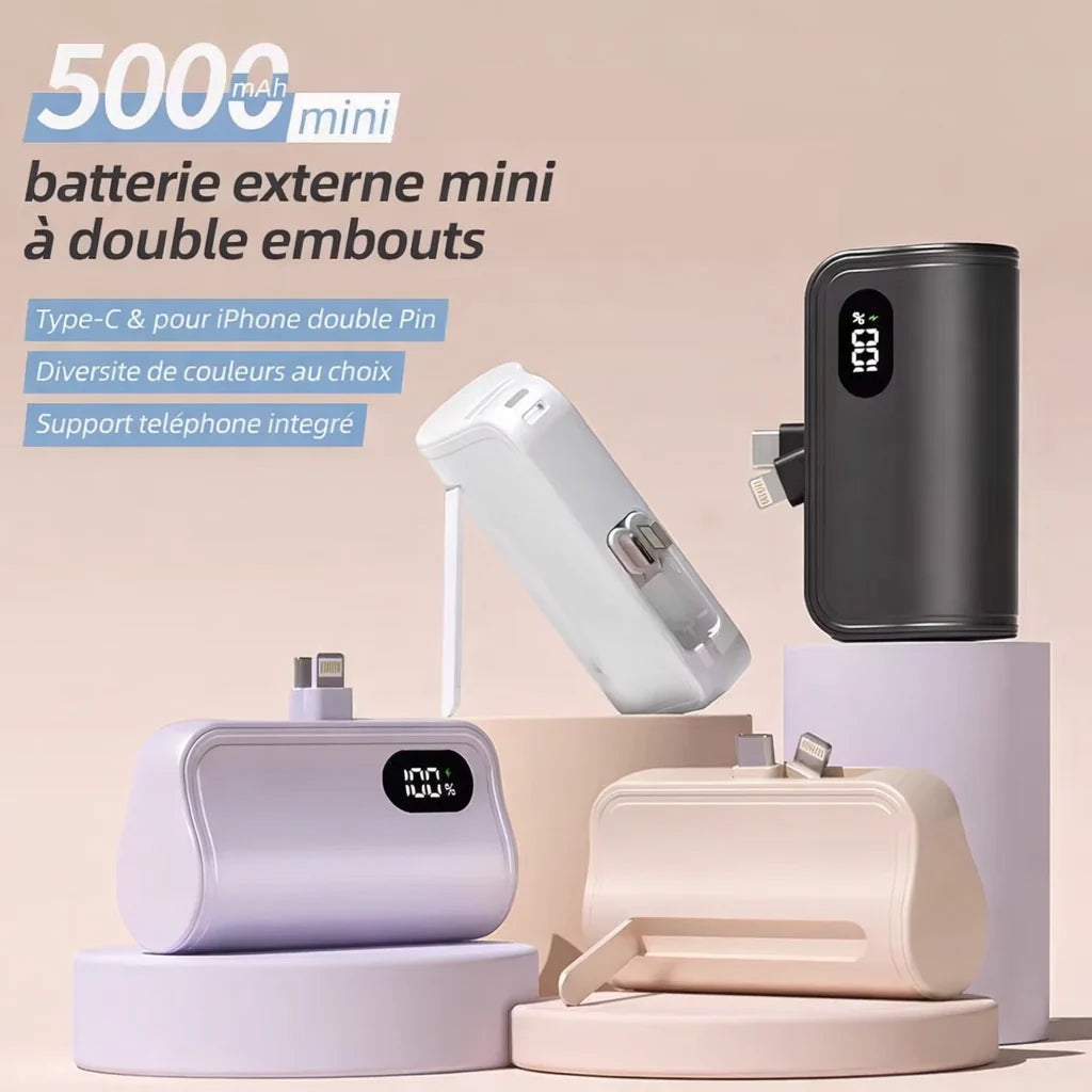 Mini Power Bank 2-en-1 – Ultra-Rapide et Durable (5000mAh), compatible iPhone & Android type C